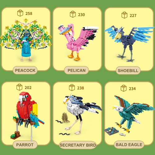 KAZI Bird Building Toy Set,Parrot,Peacock,Fun Building Blocks for Kids Ages 8 and Up,Build and Display Birds Model for Bird Enthusiasts,Easter Basket Stuffers,Gift for Birds Lovers,Party Favors