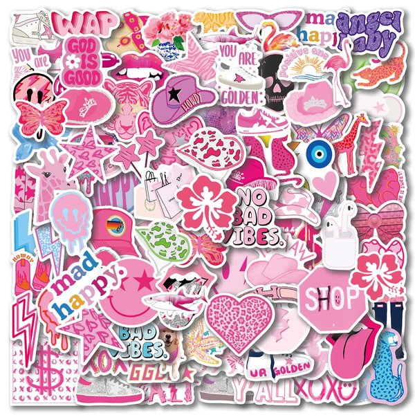 UBOFUGS 110PCS Preppy Vinyl Sticker Party Supplies Vinyl Waterproof Sticker Aesthetic Stickers Decor Pink Party Mobile Phone Stickers for Laptop Water Bottle