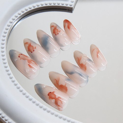 Goldfish Press on Nails Short Almond Fake Nails with 3D Water Drops Designs Summer Cute Blue Gradient False Nails Glossy Blooming Full Cover Acrylic Nails Stick on Nails for Women Manicure Decor 24Pcs
