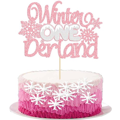 Gyufise 1Pc Winter Onederland Cake Topper Glitter Snowflake One 1st Birthday Party Cake Pick Decorations for Winter Snowflake Theme Baby Shower Kids First Birthday Party Supplies Pink