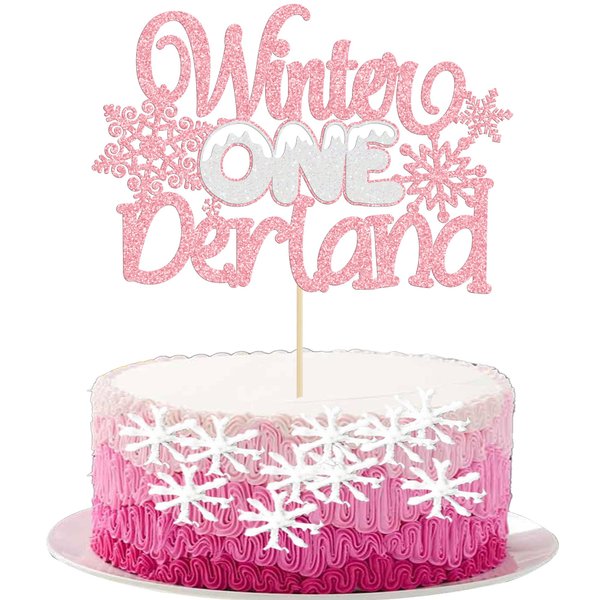 Gyufise 1Pc Winter Onederland Cake Topper Glitter Snowflake One 1st Birthday Party Cake Pick Decorations for Winter Snowflake Theme Baby Shower Kids First Birthday Party Supplies Pink