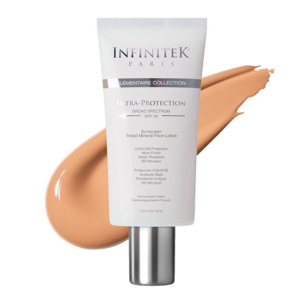 Infinitek Paris Skin Care Face Sunscreen Tinted Mineral Moisturizer Lotion SPF 50, 1.75Fl Oz - UVA/UBV and Blue Light Protection, Matte Finish, Water Resistant, Daily Lightweight Facial Sunblock