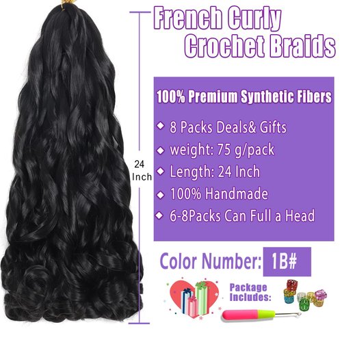 ELAOGI 24Inch French Curly Braiding Hair 8Packs French Curls Bouncy Braiding Hair Synthetic Hair Extensions Pre Streched Wavy Braiding Hair (24 Inch (Pack of 8), 1B#)