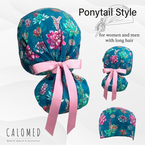 CALOMED Scrub Cap for Women and Men, Ponytail Scrub Caps, Working Hat, Head Cover with Ribbon Ties and Buttons, Long Hair (Succulents on Teal)