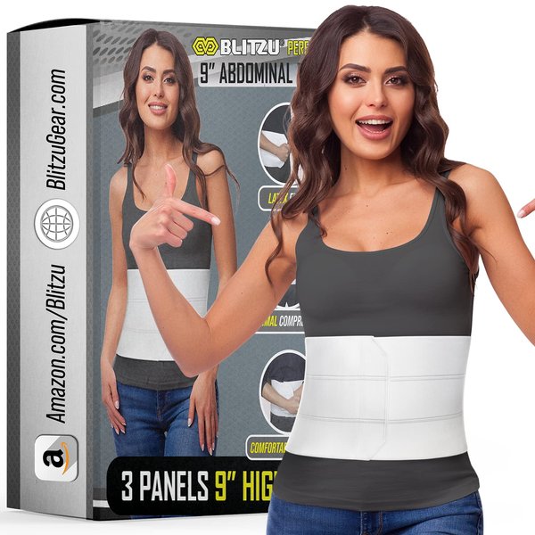 BLITZU 9" 3 Panels Postpartum Belly Band, Stomach Abdominal Binder, Compression Wrap Support Belt Post Surgery Recovery, Hernia, C-Section, Stabilize Core, Prevent Injury, Improve Muscle Tone L-XL