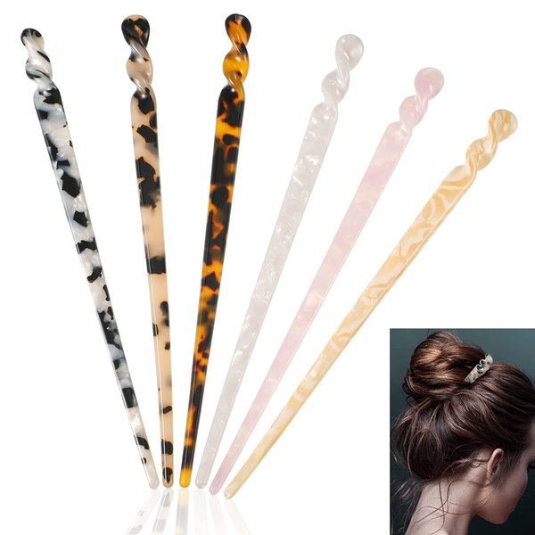 6 Pcs Acetate Hair Stick Tortoise Shell Hairpin Chopstick Hair Accessories Leopard Print Hair Pin Retro Hairpins Disk Hair Stick Hair Styling Pin with Flannelette Bag for Women Girl (Classic Patterns)