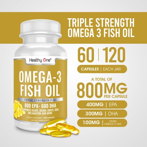 Healthy One Triple Strength Omega 3 Fish Oil Supplement - Burpless Fish Oil 1000mg Gel Capsules - 400mg EPA, 300mg DHA, 100mg Other Omega 3 Fatty Acid - Fish Oil No Burp Omega 3 Capsules, 60 Gel Caps