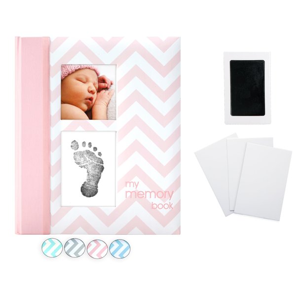 Pearhead Baby Memory Book, First 5 Years Baby Milestone Book, Pregnancy Journal, Newborn Baby Girl Keepsake, With Clean-Touch Ink Pad For Baby's Handprint or Footprint, Pink Chevron