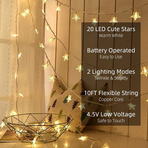 Yummuely Star String Lights 10Ft 20 LED Fairy Lights Battery Operated Waterproof Indoor Outdoor Twinkle Christmas Lights for Bedroom Party Wedding Xmas Tree Decoration (Warm White)