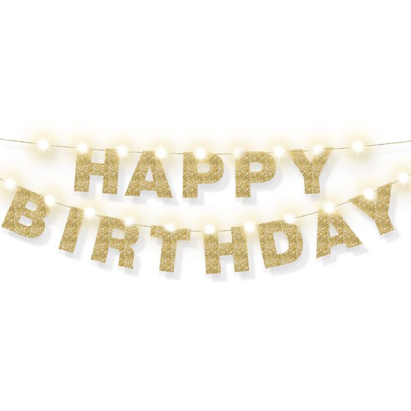 Happy Birthday Letters Banner Gold Happy Birthday Garland Decoration and 9.8 Feet Copper Wire Lights Birthday Banner Lights String for Birthday Party Decor Home Office Decor