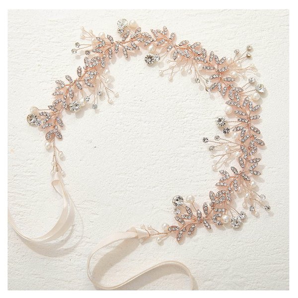 SWEETV Crystal Bridal Headpieces for Brides Rose Gold Wedding Hair Accessories Bride Headband Pearl Hair Vine Rhinestone Hair Pieces for Women