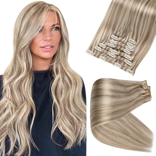 Full Shine Clip in Human Hair Extensions 8 Pieces 14 Inch Hair Blonde Clip in Extensions Human Hair 120 Gram Color 18 Ash Blonde and 613 Highlights Seamless Clip in Hair Extensions Straight
