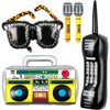 Leitee 5-Piece PVC 80s 90s Party Set: Inflatable Microphones, Boombox, Mobile Phone, Glasses - Disco Birthday Decorations for Teenagers