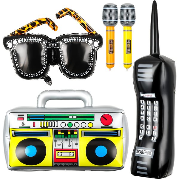 Leitee 5-Piece PVC 80s 90s Party Set: Inflatable Microphones, Boombox, Mobile Phone, Glasses - Disco Birthday Decorations for Teenagers