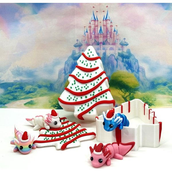 4pcs 3D Printed Articulated Mini Axolotl with Christmas Tree Container, Fidget Mini Axolotl Fidget Toy, Executive Desk Toy, Axolotl with Santa Hat Home Decor MA001-CT