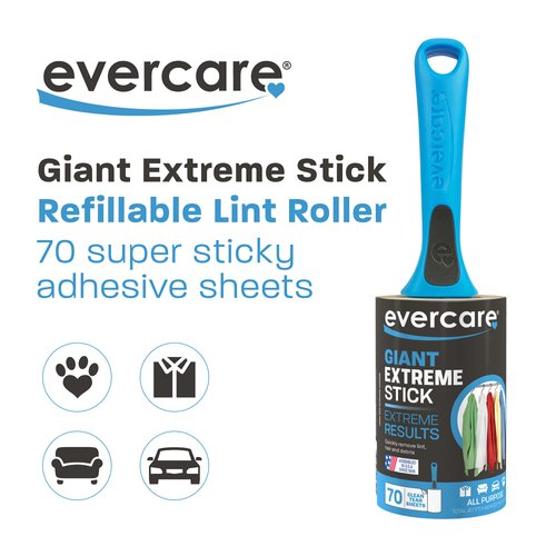 Evercare Extreme Giant Stick Lint Roller, Straight Handle, 70 Sheets, Blue