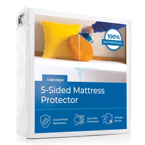 LINENSPA Waterproof 5-Sided Premium Mattress Protector – Breathable and Hypoallergenic – Fitted Sheet Style Machine Washable Protector – Queen