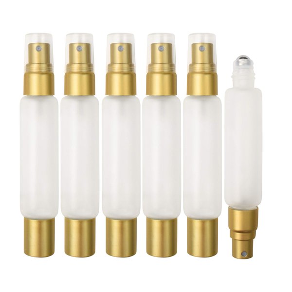 Frosted Clear 10ml Essential Oil Roller Sprayer Duo Bottles, Double Ended Stainless Steel Roller Balls for Essential Oils With Fine Mist Sprayer, Glass Roll On Bottles - 6 pack