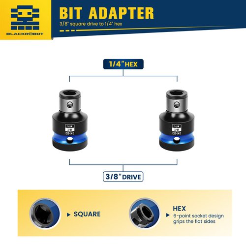 BLACKROBOT 2PCS Impact Bit Holders 3/8 Inch Square Drive to 1/4 Inch Hex Socket Adapter for Impact Wrench
