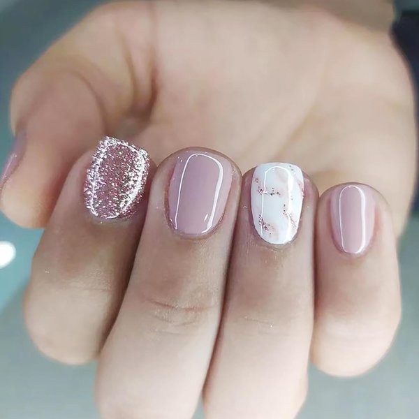 Pink White Press on Nails Square Fake Nails with Nail Glue Acrylic Extra Short False Nails with Pink Glitter Designs Artificial Glossy Nails Full Cover Stick on Nails for Women