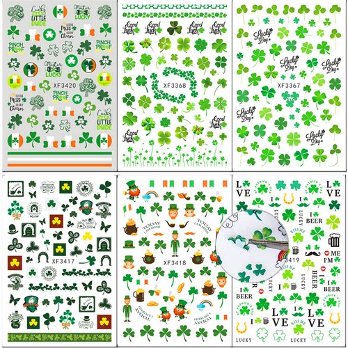 St. Patrick's Day Nail Art Stickers Decals Green Lucky Clover 3D Self-Adhesive Exquisite St. Patrick's Day Nail Decals Nail Art Supplies Women Nail Decorations 6 Sheets
