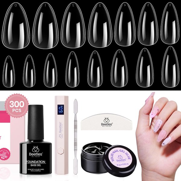 Beetles Gel Nail Kit, 300Pcs Almond Medium Nail Tips with Solid Nail Gel Glue,15 Sizes Soft Clear Nail Tips with Base Coat, Handheld Nail Lamp, Easy Nail Extension Set DIY Manicure Art Gift for Girls