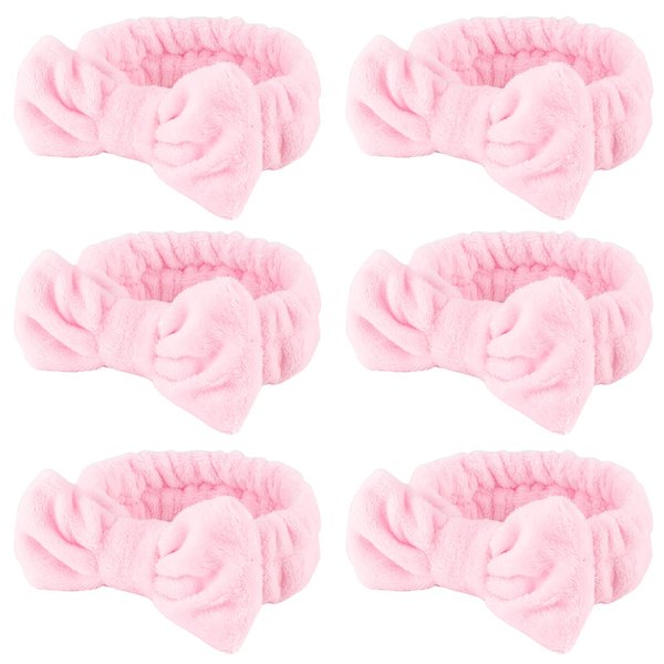 WHAVEL Hairband, 6 Count Pink Spa Headband for Washing Face, Soft Microfiber Bow Headbands, Facial Headband for Skincare, Makeup Headband for Women