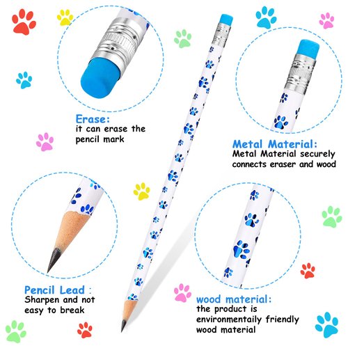 Chinco Paw Print Pencils Dog Paw Pencils Wooden Writing Novelty Pencils with Erasers for Kids Doggy Party Favors Welcome Back to School Party Supplies, 6 Colors(36 Pieces)