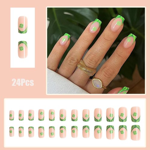 24 Pcs French Tip Press on Nails St. Patrick's Day Fake Nails Short Medium False Nails with Shamrock Designs Square Full Cover Nail Tips Glossy Glue on Nails Reusable Stick on Nails for Women