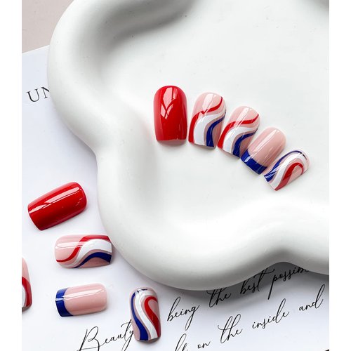 4th of July Press on Nails Extra Short Square French Tip Fake Nails Full Cover False Nails with Red Blue Line Designs Glossy Acrylic Nails Artificial Nails for Women Girls 24 Pcs