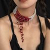 Jumwrit Vintage Layered Pearl Choker Necklace Chunky Chain Multi Strand Pearl Beaded Necklace Rhinestone Crystal Tassel 4 Tier Halloween Vampire Necklace Statement Accessories for Women (Red)