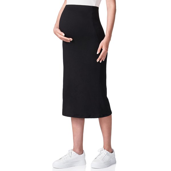 POSHDIVAH Women's Maternity Skirt Over The Belly Midi High Waisted Solid Stretchy Pregnancy Pencil Skirt Black Medium