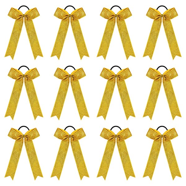 DEEKA 12 Pcs Glitter Collegiate Style Cheer Bows Long Tail Skinny College Cheer Bow Ponytail Holder Handmade Bows for Girls Teens Cheerleader Softball Sports (Gold)