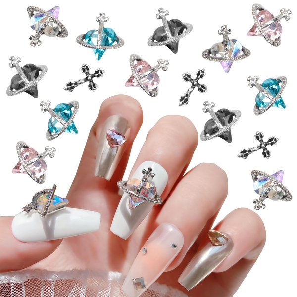 30PCS Nail Art Charms 20Pcs Planet Nail Charms & 10Pcs 3D Cross Nail Rhinestones Shiny Love Heart Diamond Nail Gems Crystals Luxury Jewelry Nail Art Supplies for Nail DIY Nail Decoration