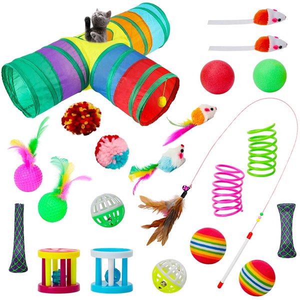 BWOGUE 22PCS Cat Toys Kitten Toys Set,Collapsible 3 Way Cat Tunnels for Indoor Cats,Interactive Cat Feather Toy Fluffy Mouse Tumbler Crinkle Balls Bells Spring Toys Set for Cat Kitty Puppy Rabbit