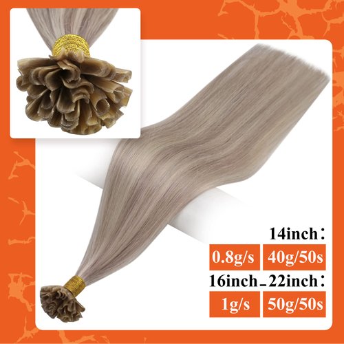 Full Shine Utip Hair Extensions Keratin Human Hair Extensions Fusion Hair Extensions Real Human Hair Prebonded Hair 20Inch Color 18 Ash Blonde Highlighted 613 Bleach Blonde Remy Hair 50g 50s Natural
