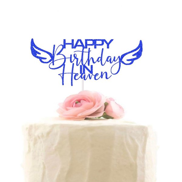 Happy Birthday in Heaven with Angel Wings Cake Topper for Birthday, Anniversary, Funeral Party Supplies, Heavenly Celebrations Cake Decorations Blue Glitter