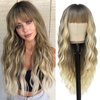 VERNA Blonde Wavy Wig with Bangs for Women, 26 Inch Long Blonde Wigs with Bangs for Women, Natural Looking Curly Blonde Wig, Heat Resistant Synthetic Wig, Middle Part Ombre Blonde Wavy wig for Daily