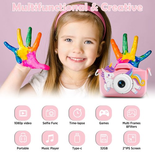 Kids Camera, Christmas Birthday Gifts for Kids, Toddler Camera Toys, 3 4 5 6 7 8 9 Year Old Girl Gifts, Camera for Kids, Multifunctional Digital Camera with Soft Silicone Shell, 32GB Card (Pink)