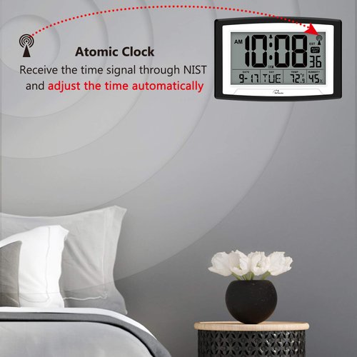 WallarGe Atomic Clock with Indoor Temperature and Humidity, 12.5 Inch Self-Setting Digital Wall Clock or Desk Clock, Battery Operated Digital Clock Large Display for Seniors, Auto DST