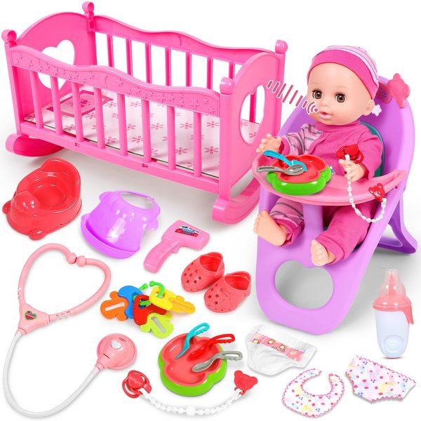 12” Baby Doll Toy Set With Baby Doll Stuff High Chair Crib Bed Diapers Doctor Kit Baby Doll Accessories for Toddlers1-3 3-5 Interactive Doll Toys 2 3 4 5 Year Old Girl Gifts Doll Pretend Play Toy