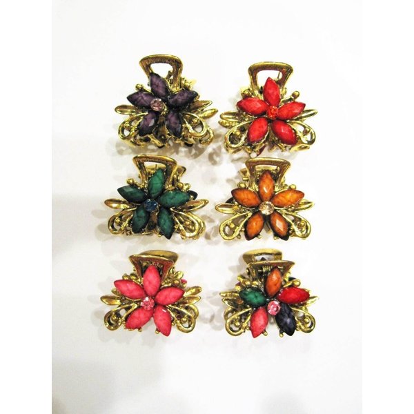 Generic Small mini metal jeweled antique bronze flower hair claw clip (Primary color: Pink), 1 Count (Pack of 1)