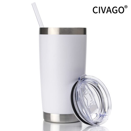 CIVAGO 20oz Tumbler with Lid and Straw, Stainless Steel Vacuum Insulated Coffee Tumbler Cup, Double Wall Powder Coated Travel Mug (White, 1 Pack)
