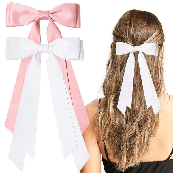 2PCS Silky Satin Hair Bows Hair Clips,Decorative Hair Clips Ribbon Accessories Ponytail Holder Slides Metal Clips French Barrette Hair Bow for Women Girls Toddlers Teens Kids (Pink & White)