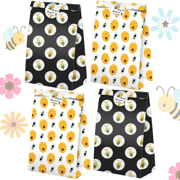 Bumble Bee Goodie Bags-24 Pcs Honey Bee Party Candy Favor Bags with Stickers, Honey Bee Goody Gift Treat Bags Bumble Bee Themed Birthday Party Supplies