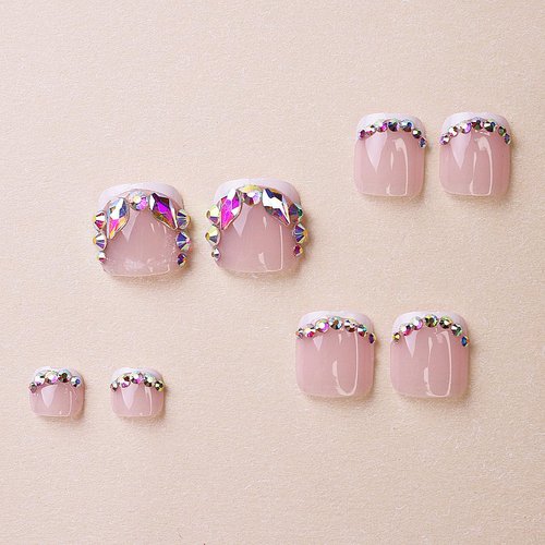 24 Pcs White French Pink Press on Toenails - YEFIUO Press on Toe Nails Fake Nails Gel X Nail Art Tips Full Cover Acrylic False Nails with 3D Rhinestone Charms Design Nails Press ons Glue on Nails
