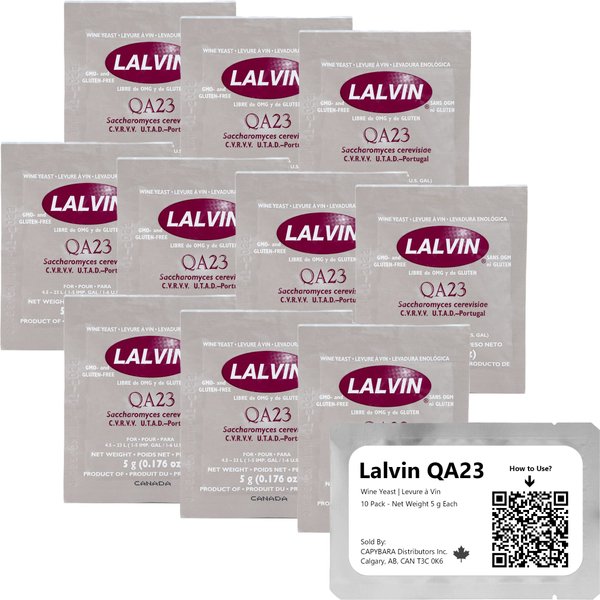 Lalvin QA23 Wine Yeast (10 Pack) - Make Wine Cider Mead Kombucha At Home - 5 g Sachets - Saccharomyces cerevisiae - Sold by CAPYBARA Distributors Inc.