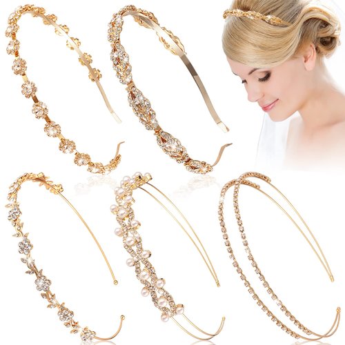 5 Pieces Rhinestones Wedding Headbands Flower Leaves Crown Headband Gold Wedding Hair Accessories for Brides Thin Bridal Faux Pearl Hair Band Headdress Headpiece Tiara for Bridesmaids Women Girl Party