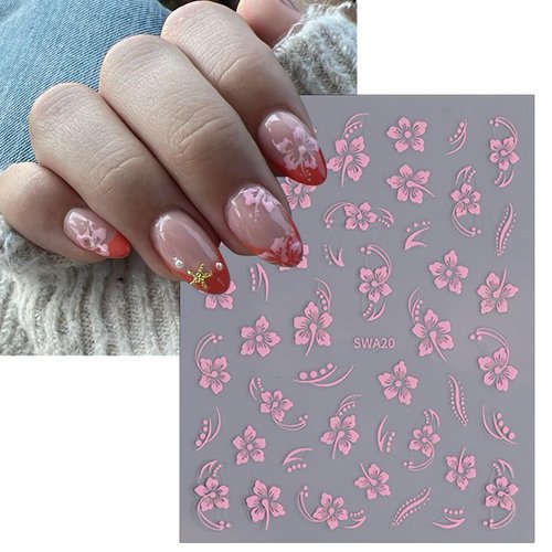 8 Sheets Hibiscus Flowers for Nails Stickers, White Pink Gold Summer Floral Nail Supplies 3D Self-Adhesive Hibiscus Flower Nail Decals Floral Petal Wavy Line Strip Tropical Leaf Nail Decor for Women