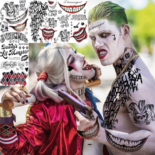 VANTATY 6 Sheets 3D Joker Tattoos For Men Adults Women, Halloween Temporary Tattoos For Women Girls Boys, Fake Tattoo Stickers Halloween Face Makeup Kit Cosplay Costume, Gothic Damaged Joker Tattoo